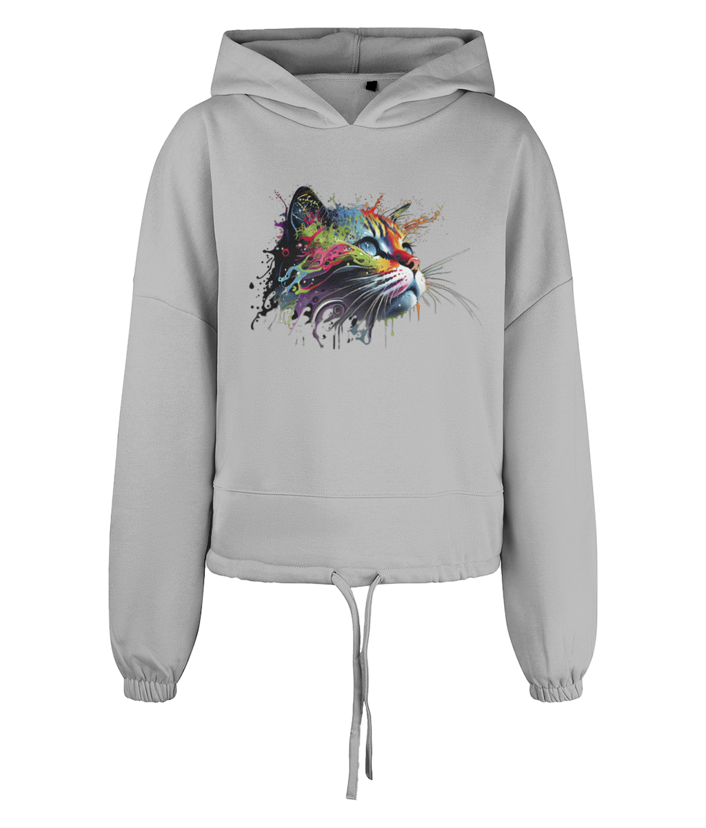 Women's Cropped Oversized Hoodie Colourful Cat