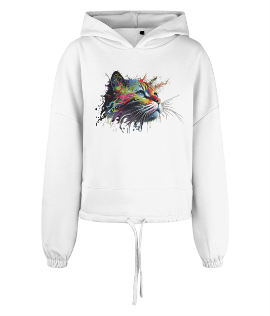 Women's Cropped Oversized Hoodie Colourful Cat